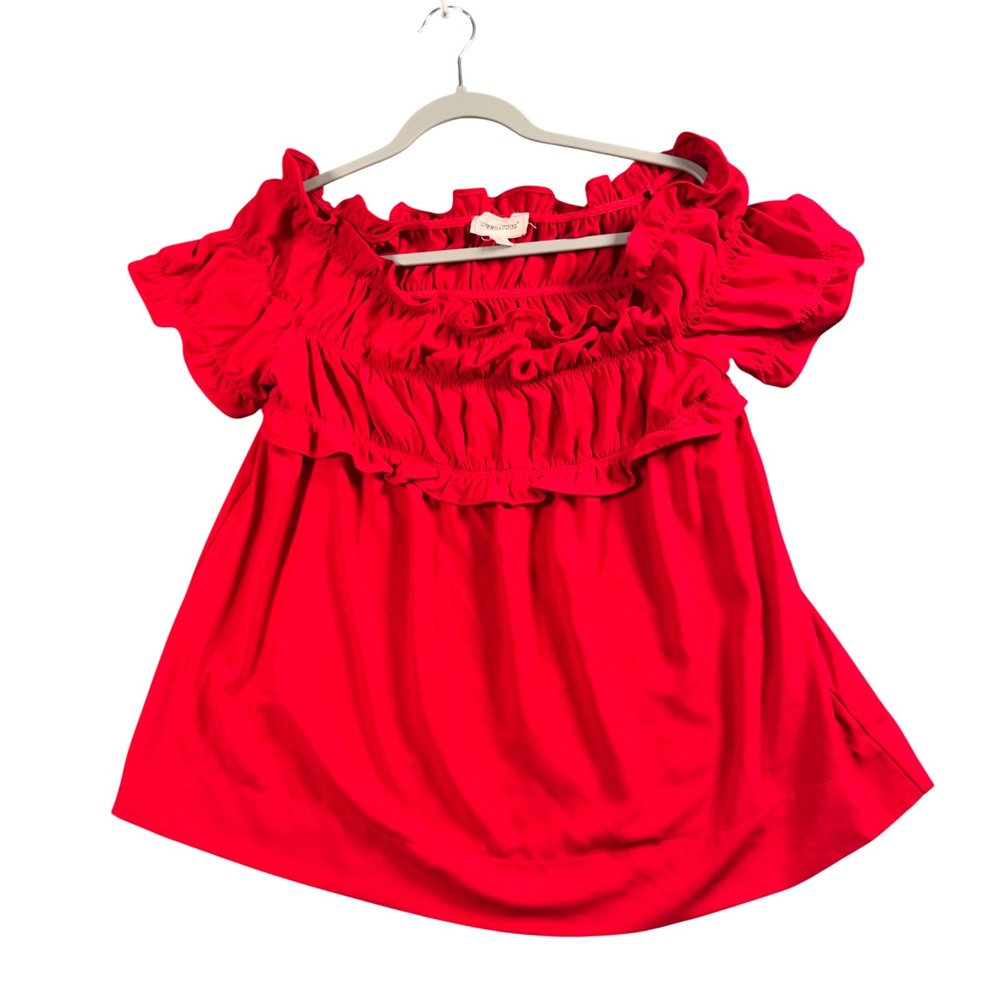 Coverstitched Blouse‎ Women L Red Ruffle Off Shoulder Puff Sleeve Boho Coquette